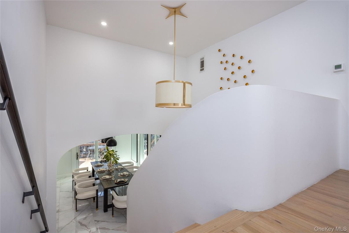 Dining room, Interior, Marble, Pendant Lights, Recessed Lighting, Wood Texture Flooring