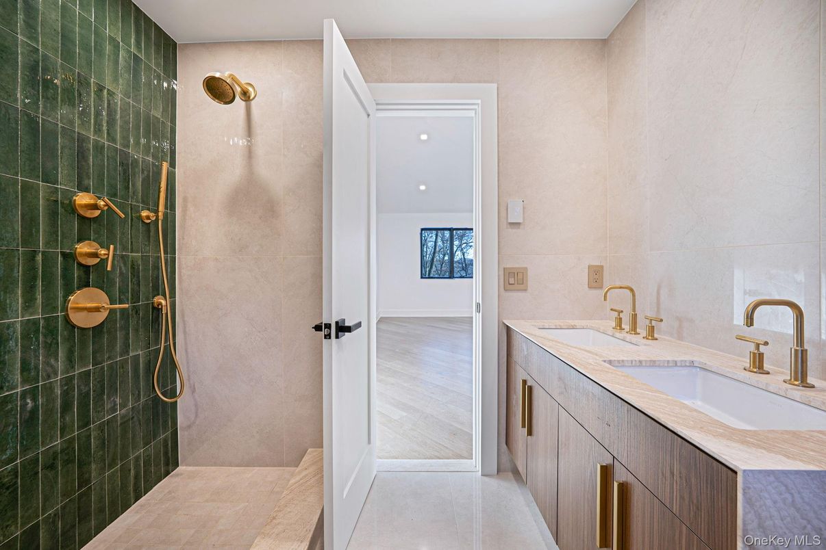 Bathroom, Dual Sink Vanities, Interior, Recessed Lighting, Wood Texture Flooring