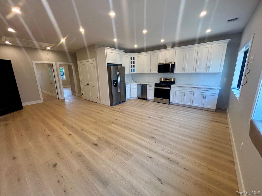 Interior, Kitchen, Recessed Lighting, Stainless Steel Appliances, Wood Texture Flooring