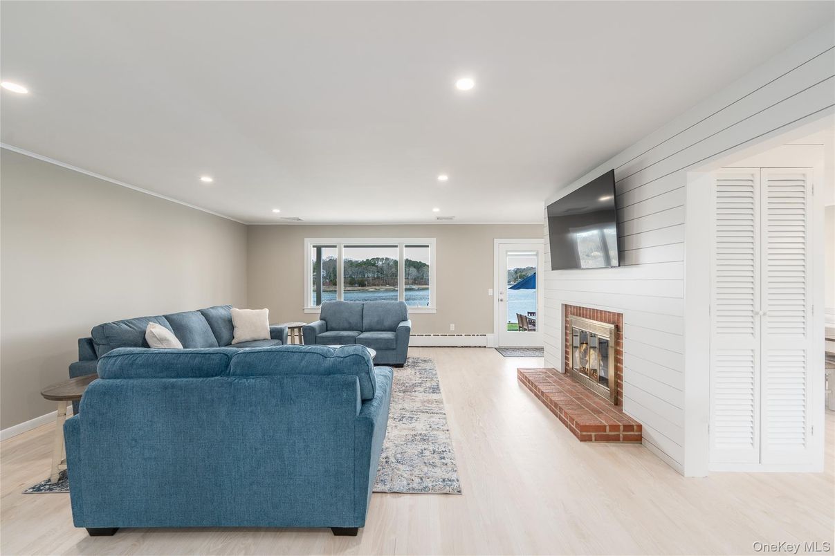 Fireplace, Interior, Living room, Recessed Lighting, Wood Texture Flooring