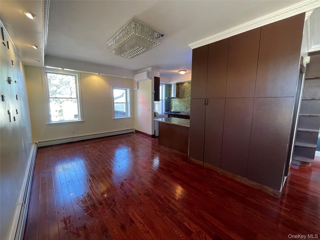 Chandelier, Empty room, Interior, Kitchen, Recessed Lighting, Wood Texture Flooring