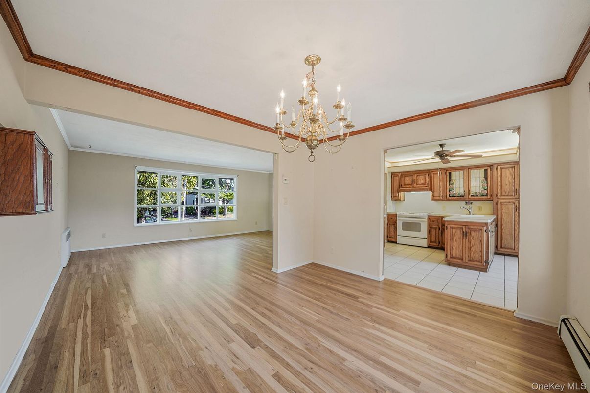 Chandelier, Empty room, Interior, Kitchen, Wood Texture Flooring