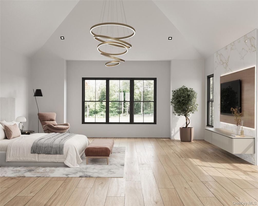 Bedroom, Interior, Pendant Lights, Recessed Lighting, Wood Texture Flooring