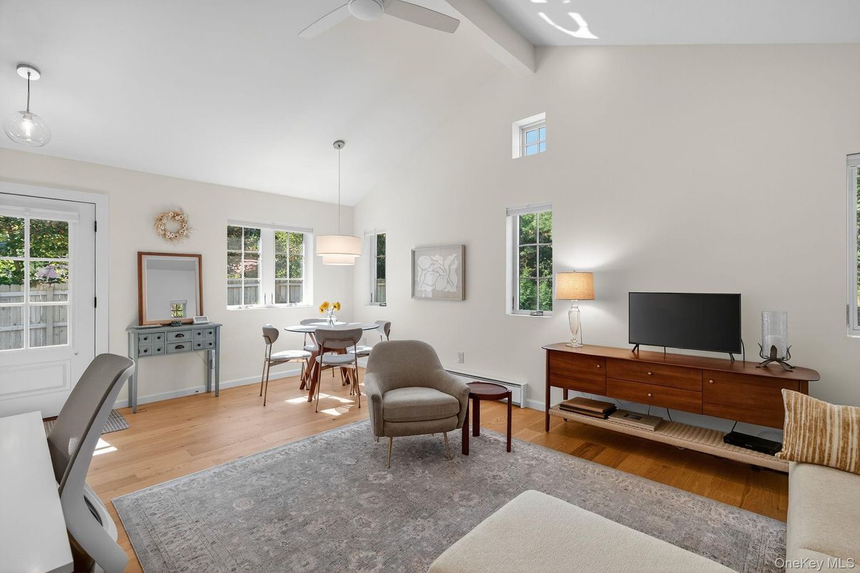 Dining room, Interior, Pendant Lights, Wood Texture Flooring