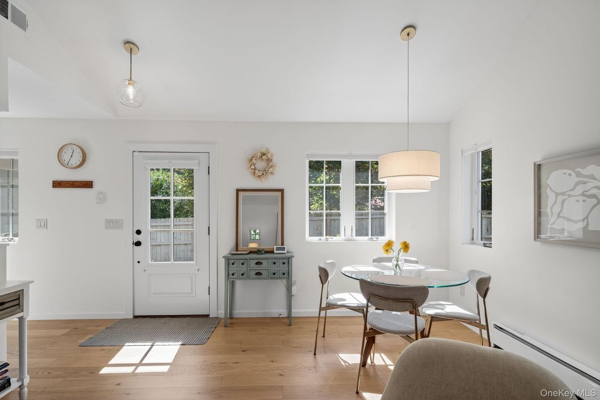 Dining room, Interior, Pendant Lights, Wood Texture Flooring