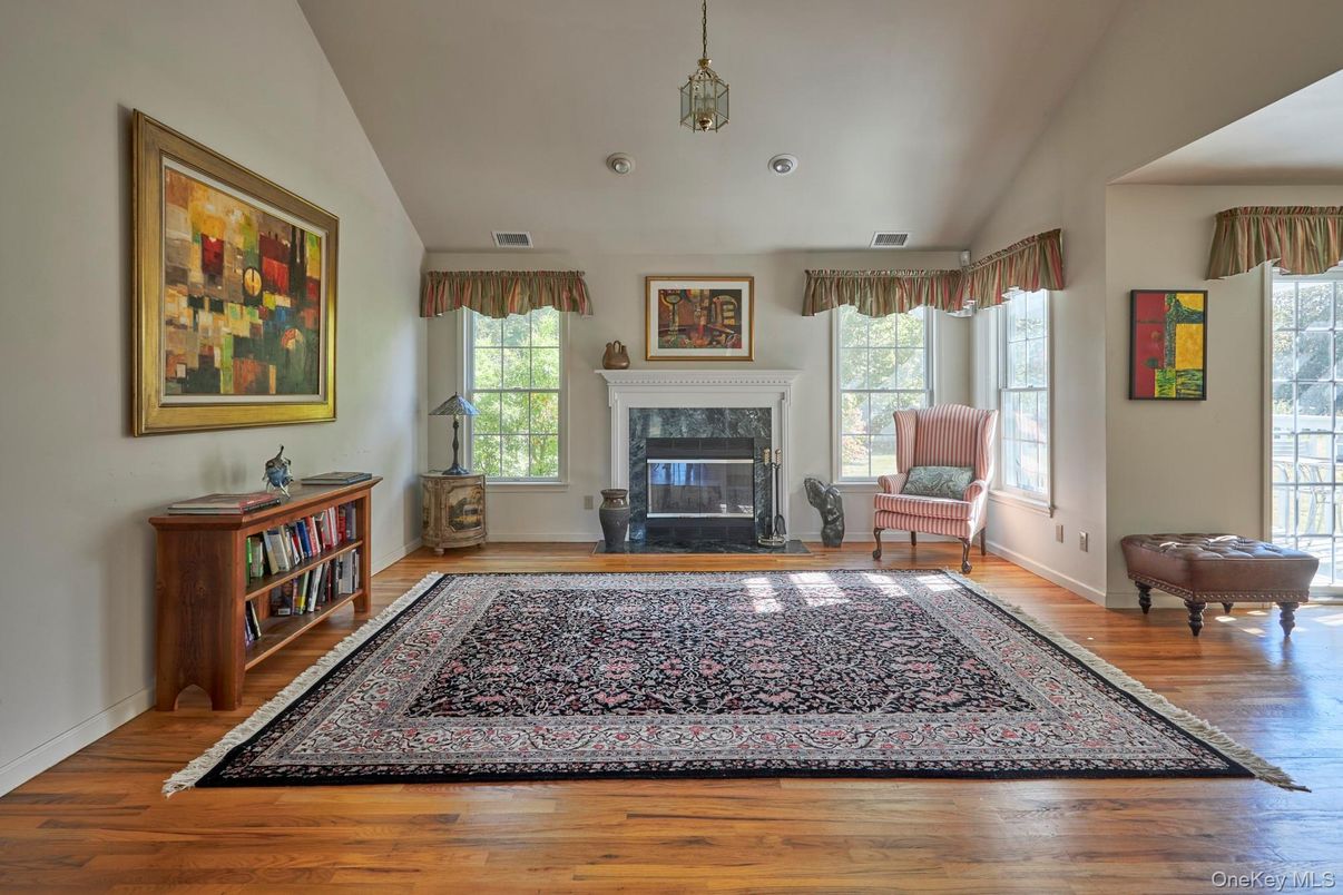 Fireplace, Interior, Pendant Lights, Wood Texture Flooring