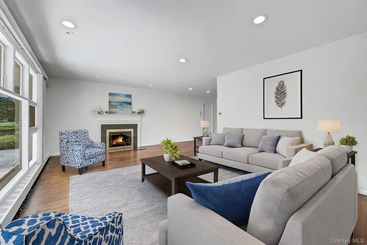 Fireplace, Interior, Living room, Recessed Lighting, Wood Texture Flooring