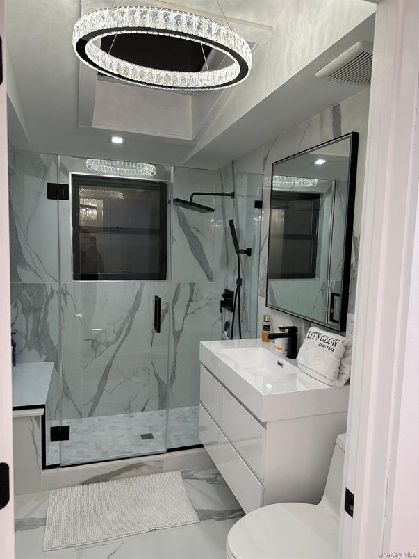 Bathroom, Glass Shower, Interior, Marble Walls, Recessed Lighting