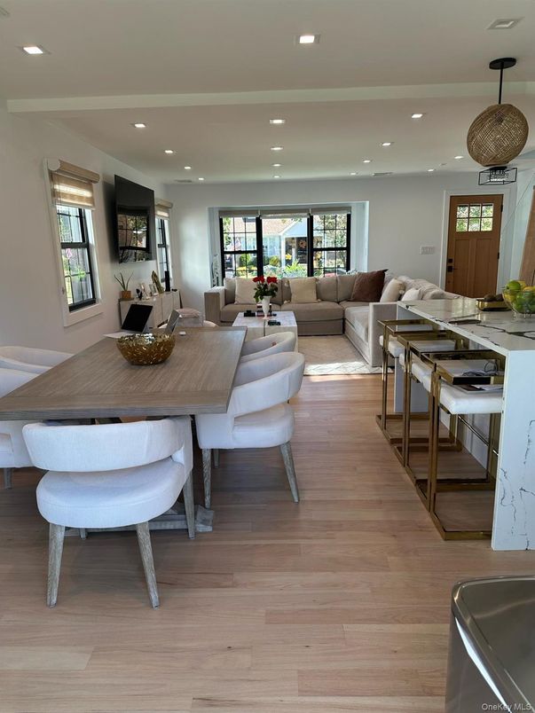 Dining room, Interior, Living room, Recessed Lighting, Wood Texture Flooring