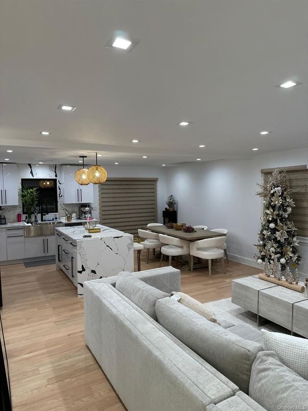 Dining room, Interior, Kitchen, Living room, Pendant Lights, Recessed Lighting, Wood Texture Flooring