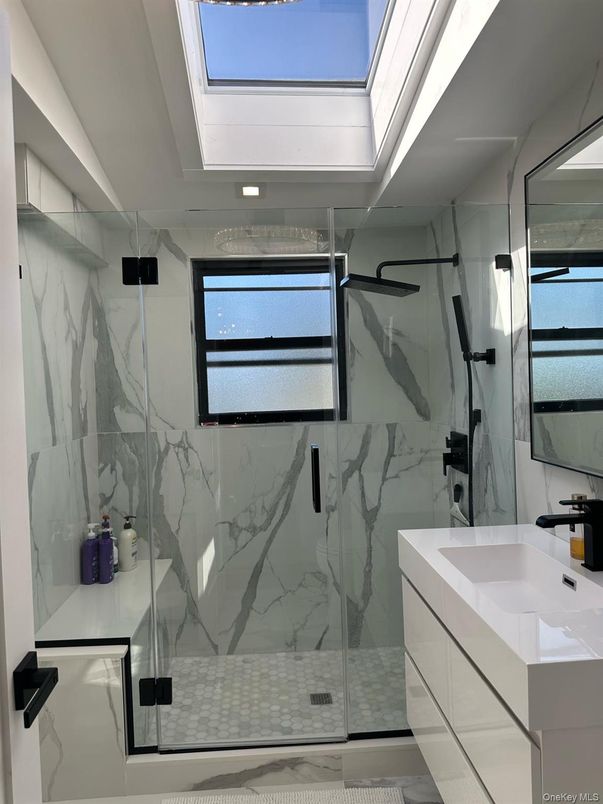 Bathroom, Glass Shower, Interior, Marble Walls, Recessed Lighting