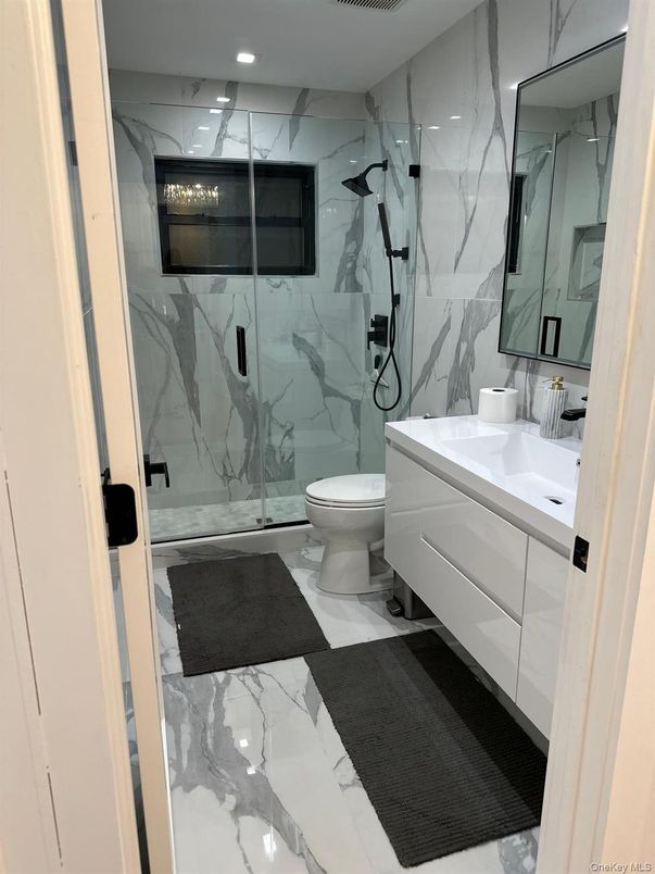 Bathroom, Glass Shower, Interior, Marble, Marble Walls, Recessed Lighting
