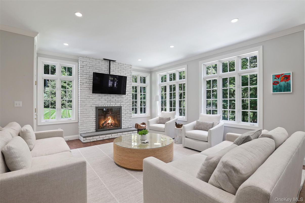 Fireplace, Interior, Living room, Recessed Lighting, Stone Walls