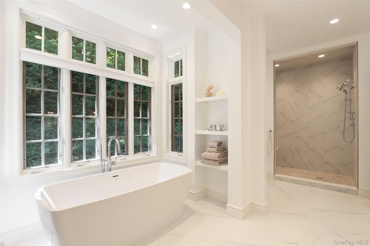 Bathroom, Free Standing Baths, Interior, Marble, Marble Walls, Recessed Lighting