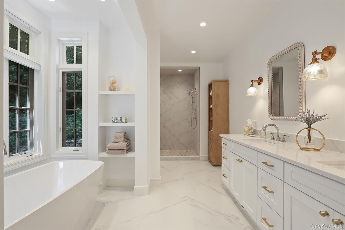 Bathroom, Dual Sink Vanities, Interior, Marble, Marble Walls, Recessed Lighting