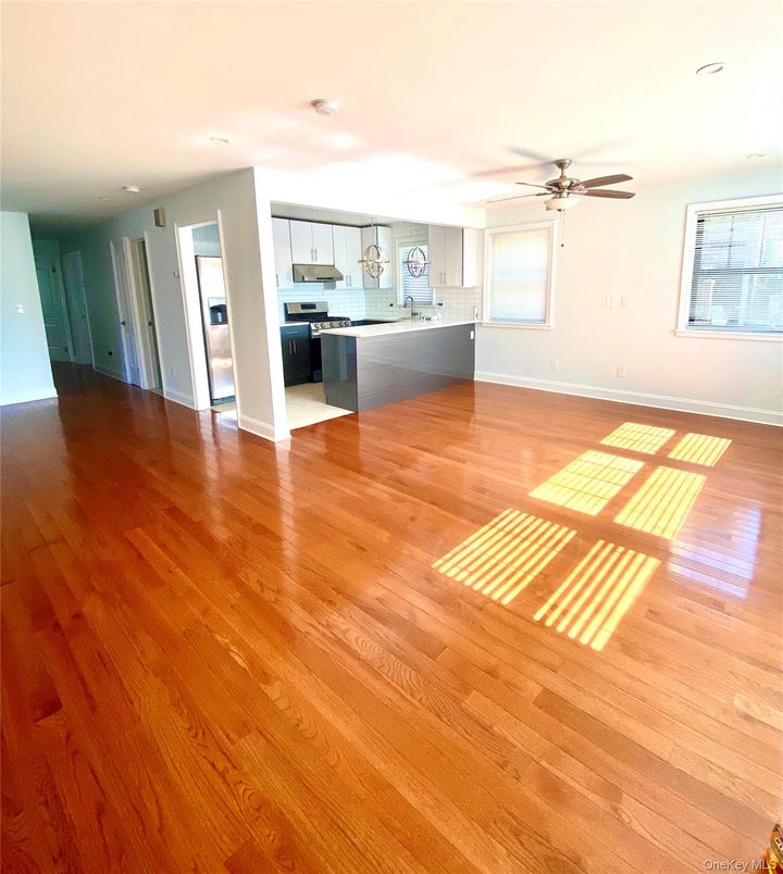 Empty room, Interior, Kitchen, Recessed Lighting, Wood Texture Flooring