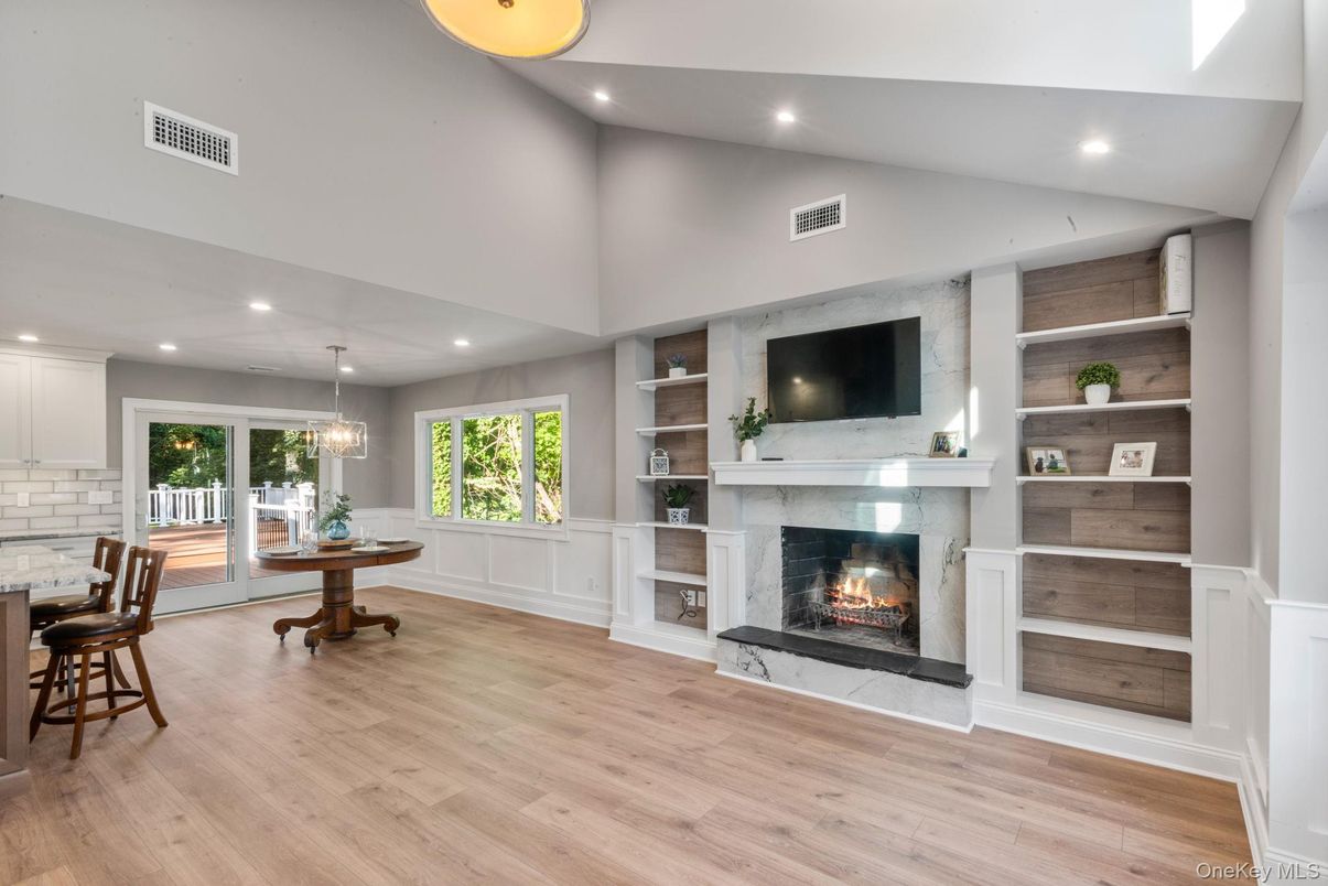 Fireplace, Interior, Pendant Lights, Recessed Lighting, Wood Texture Flooring