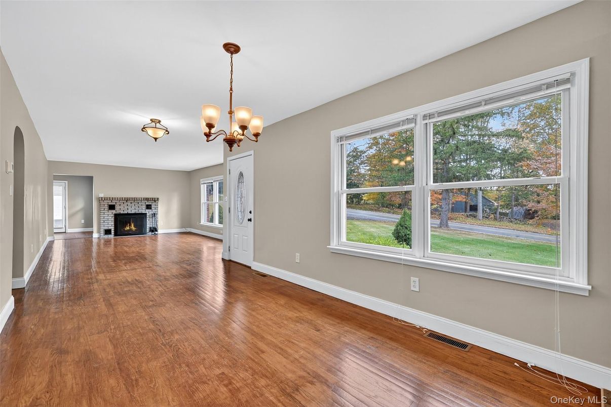 Chandelier, Empty room, Fireplace, Interior, Wood Texture Flooring