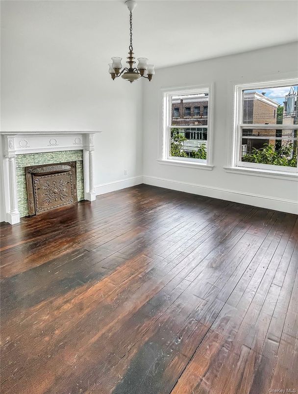 Chandelier, Empty room, Fireplace, Interior, Wood Texture Flooring