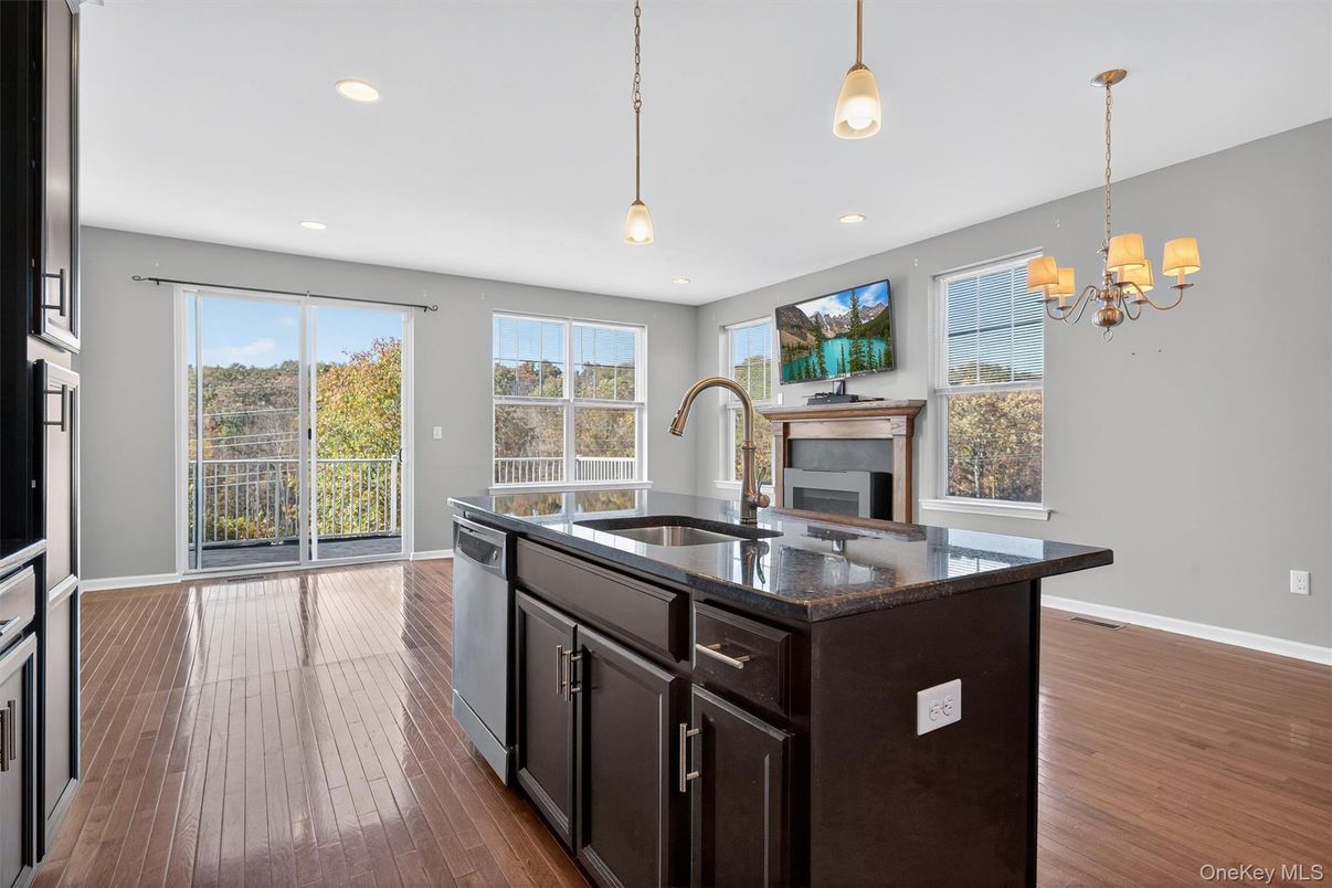 Chandelier, Interior, Kitchen, Pendant Lights, Recessed Lighting, Wood Texture Flooring