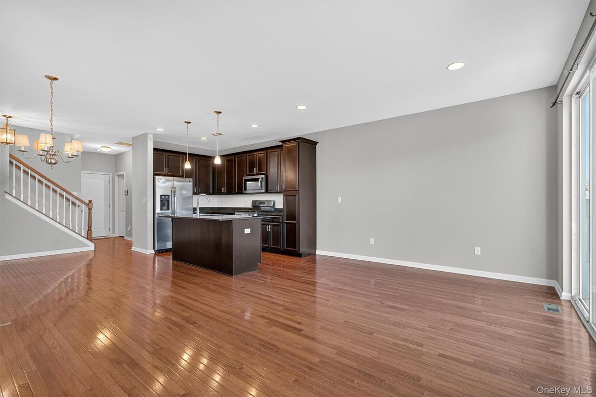 Chandelier, Interior, Kitchen, Pendant Lights, Recessed Lighting, Stainless Steel Appliances, Wood Texture Flooring