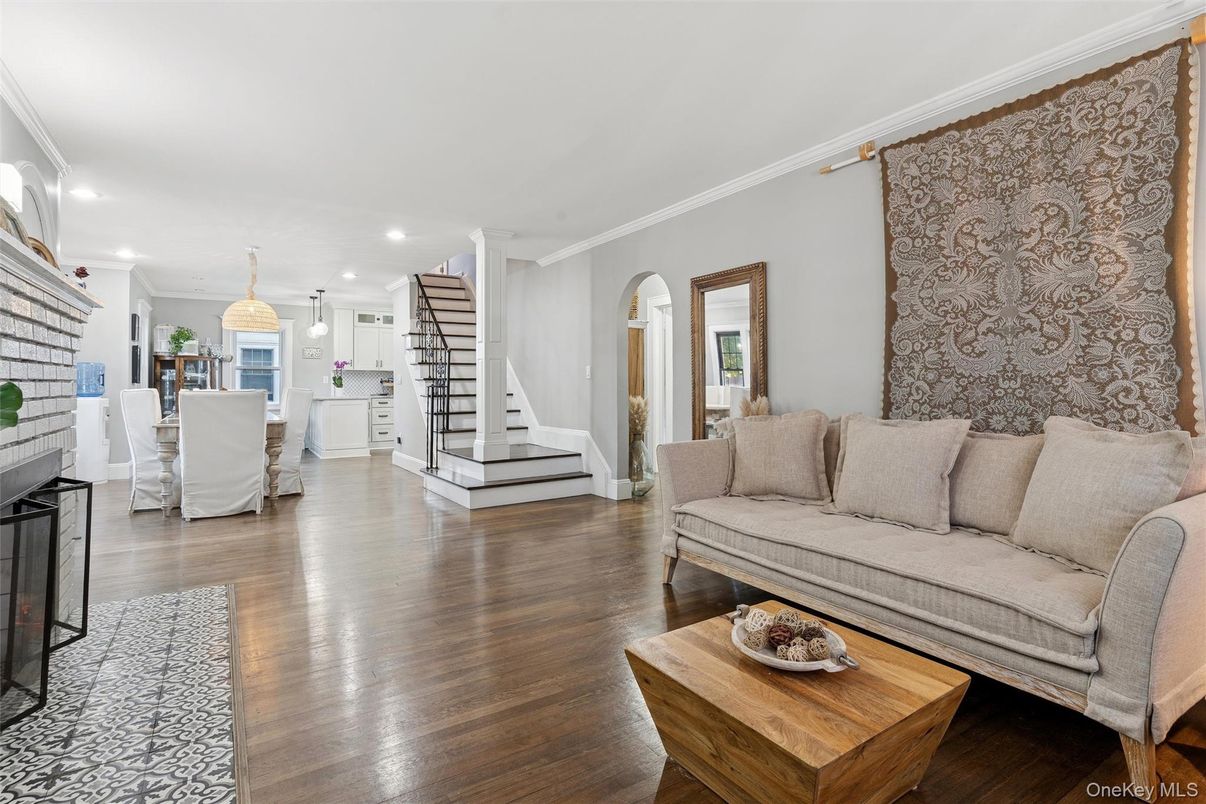 Dining room, Fireplace, Interior, Kitchen, Living room, Pendant Lights, Recessed Lighting, Wood Texture Flooring