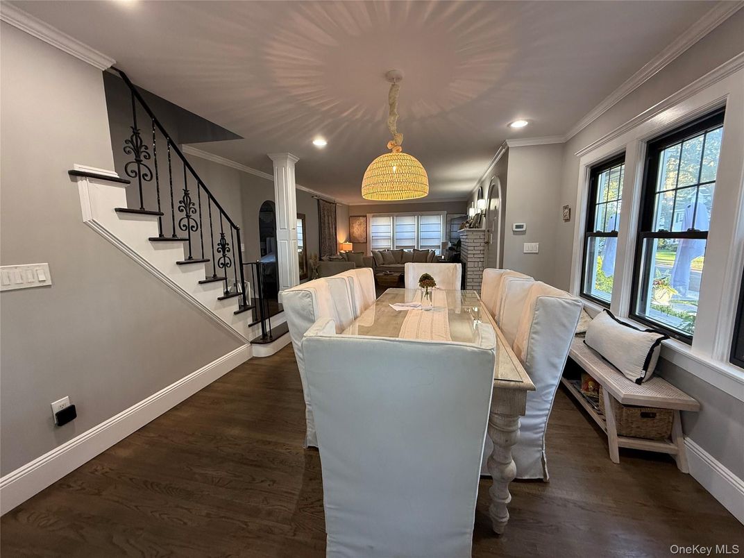 Dining room, Interior, Pendant Lights, Recessed Lighting, Wood Texture Flooring