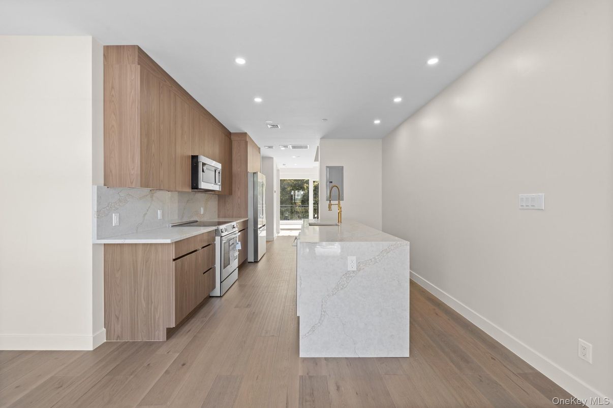 Interior, Kitchen, Marble Walls, Recessed Lighting, Wood Texture Flooring