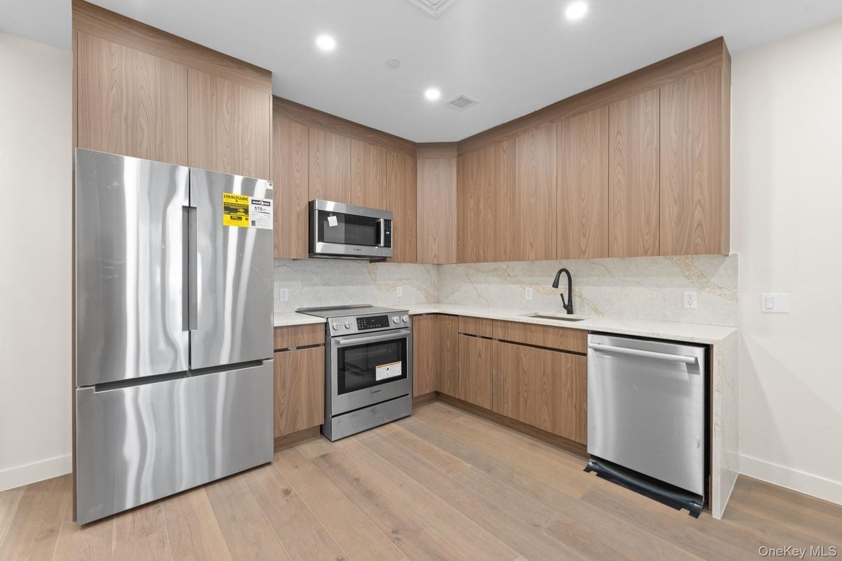Interior, Kitchen, Recessed Lighting, Stainless Steel Appliances, Wood Texture Flooring