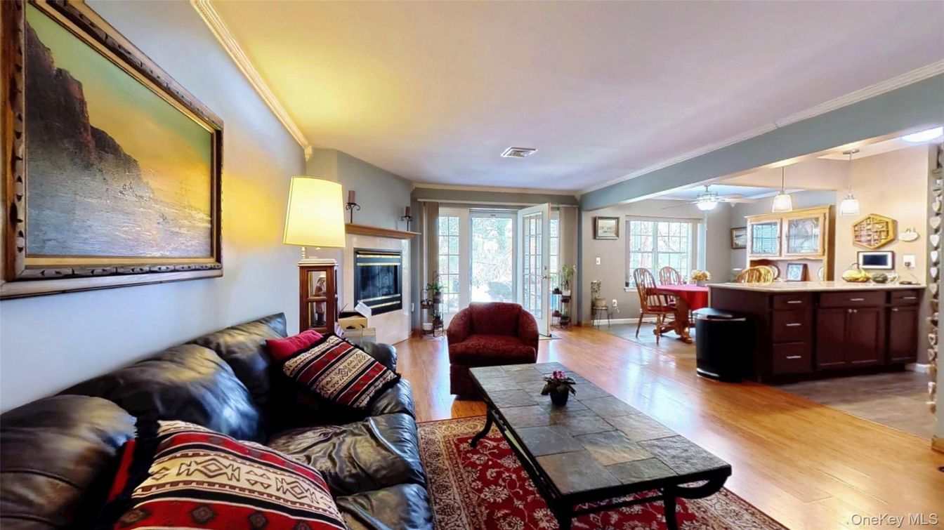 Dining room, Fireplace, Interior, Living room, Pendant Lights, Wood Texture Flooring