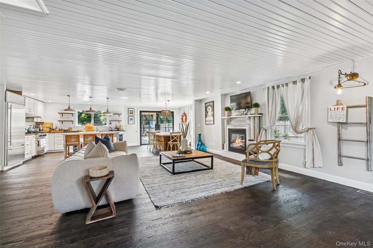 Dining room, Fireplace, Interior, Kitchen, Living room, Pendant Lights, Recessed Lighting, Wood Texture Flooring