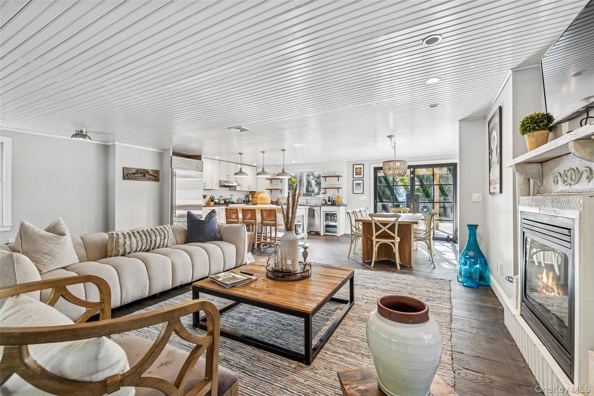 Dining room, Fireplace, Interior, Kitchen, Living room, Pendant Lights, Recessed Lighting, Wood Texture Flooring