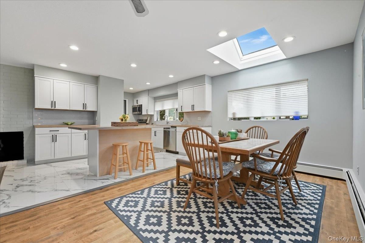 Dining room, Interior, Kitchen, Marble, Recessed Lighting, Wood Texture Flooring