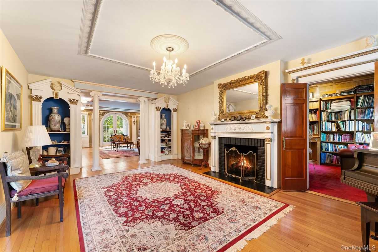 Chandelier, Fireplace, Interior, Piano, Wood Texture Flooring