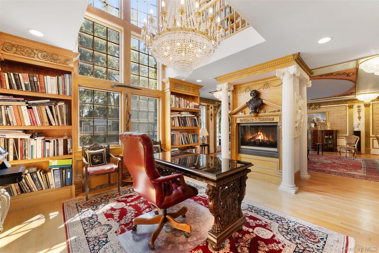 Chandelier, Fireplace, Home Office, Interior, Piano, Recessed Lighting, Wood Texture Flooring