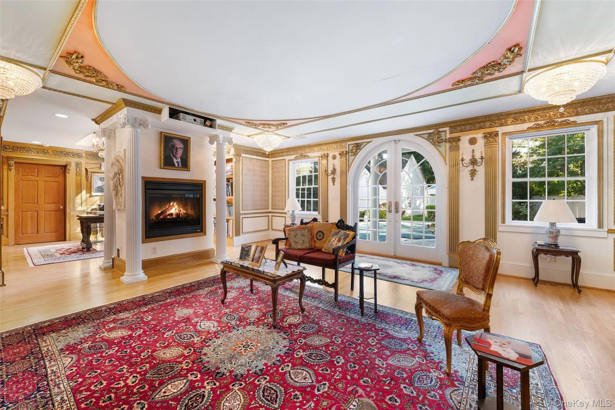 Chandelier, Fireplace, Interior, Living room, Recessed Lighting, Wood Texture Flooring