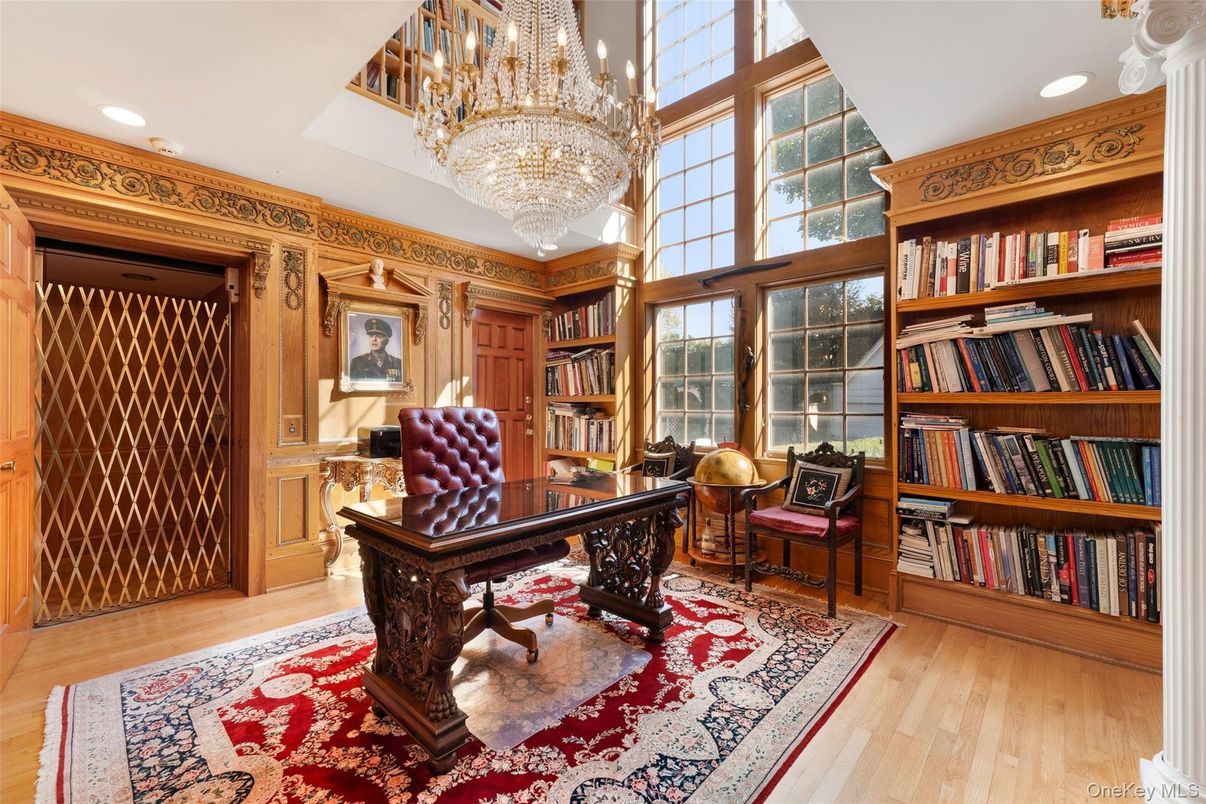 Chandelier, Home Office, Interior, Recessed Lighting, Wood Texture Flooring