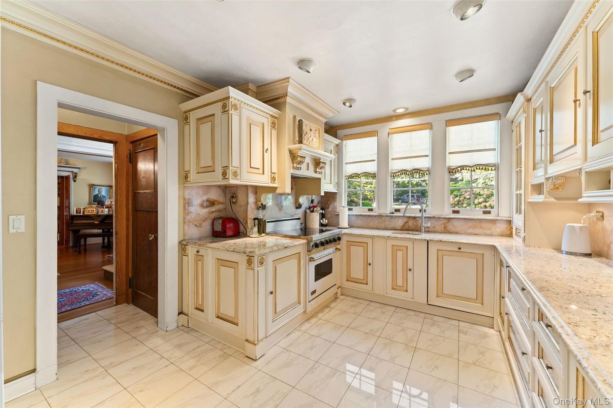 Interior, Kitchen, Marble, Recessed Lighting, Wood Texture Flooring
