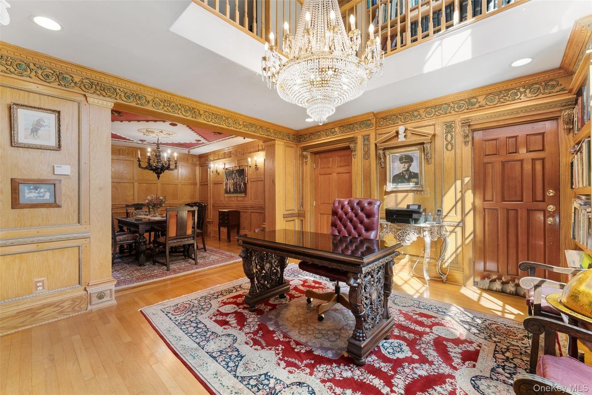 Chandelier, Dining room, Interior, Recessed Lighting, Wood Texture Flooring, Wooden Walls
