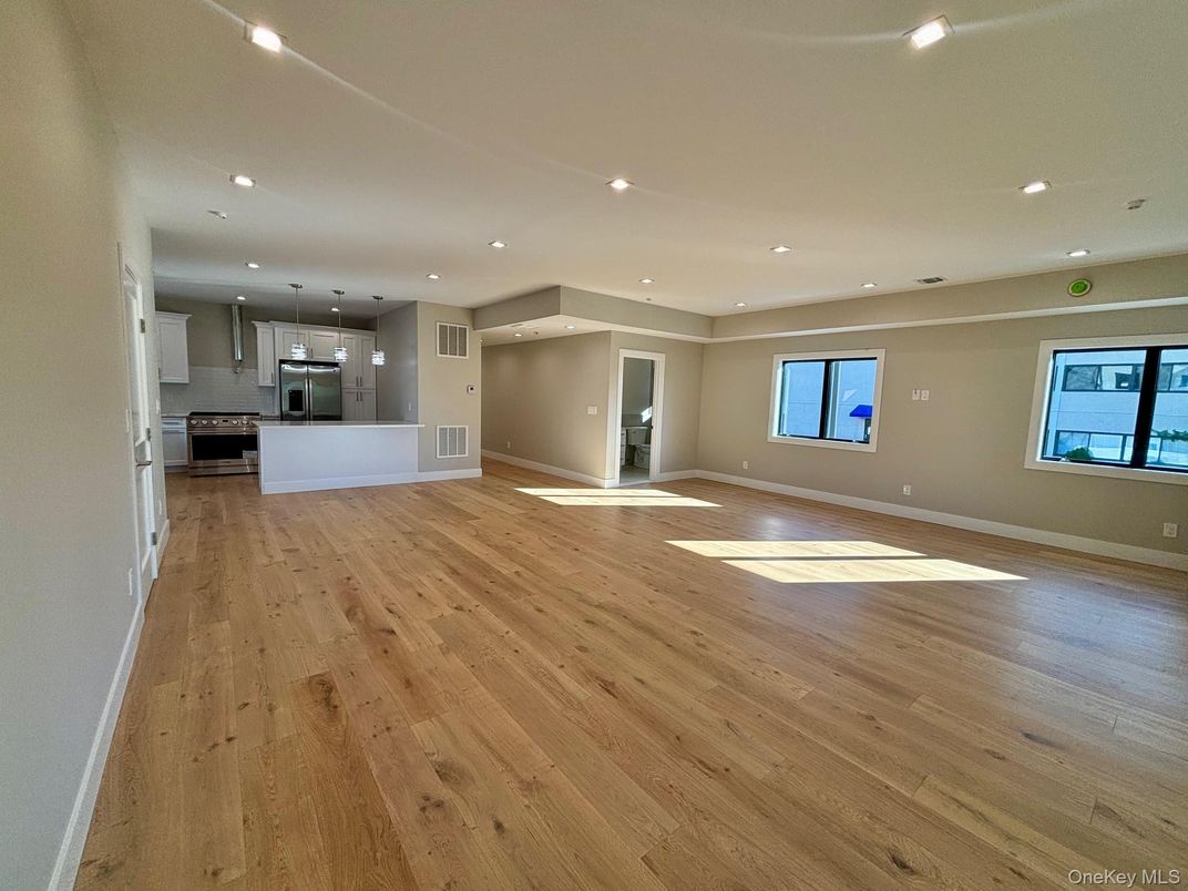 Empty room, Interior, Kitchen, Pendant Lights, Recessed Lighting, Stainless Steel Appliances, Wood Texture Flooring