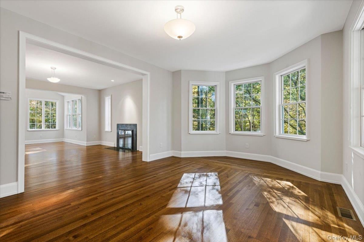 Empty room, Fireplace, Interior, Recessed Lighting, Wood Texture Flooring