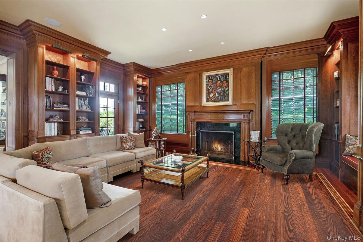 Fireplace, Interior, Living room, Recessed Lighting, Wood Texture Flooring, Wooden Walls