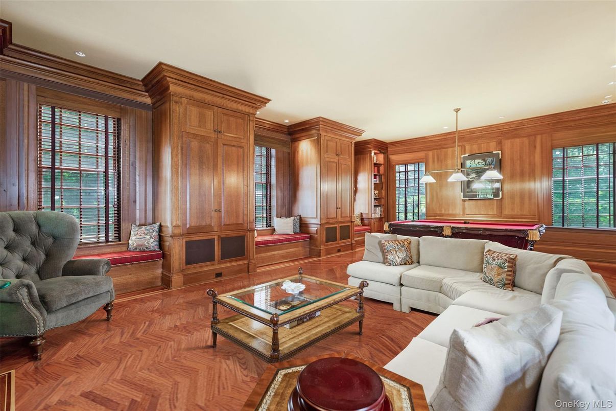 Billiard Table, Game Room, Interior, Living room, Pendant Lights, Recessed Lighting, Wood Texture Flooring, Wooden Walls