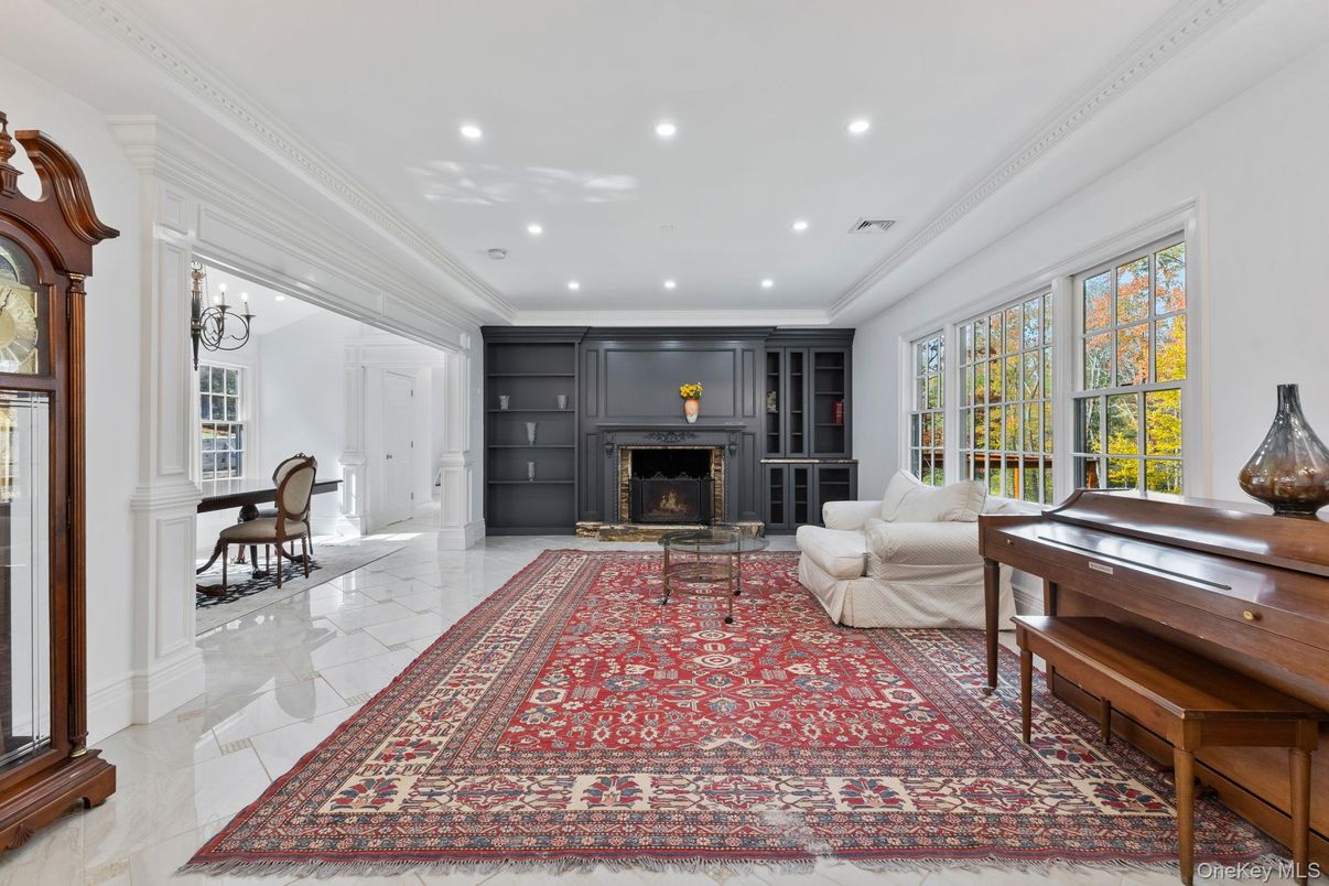Fireplace, Interior, Living room, Marble, Piano, Recessed Lighting