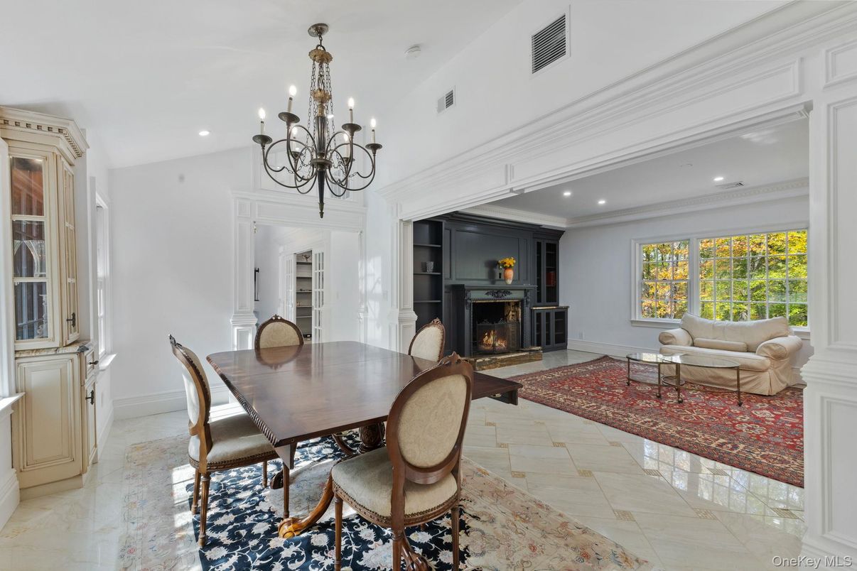 Chandelier, Dining room, Fireplace, Interior, Living room, Recessed Lighting
