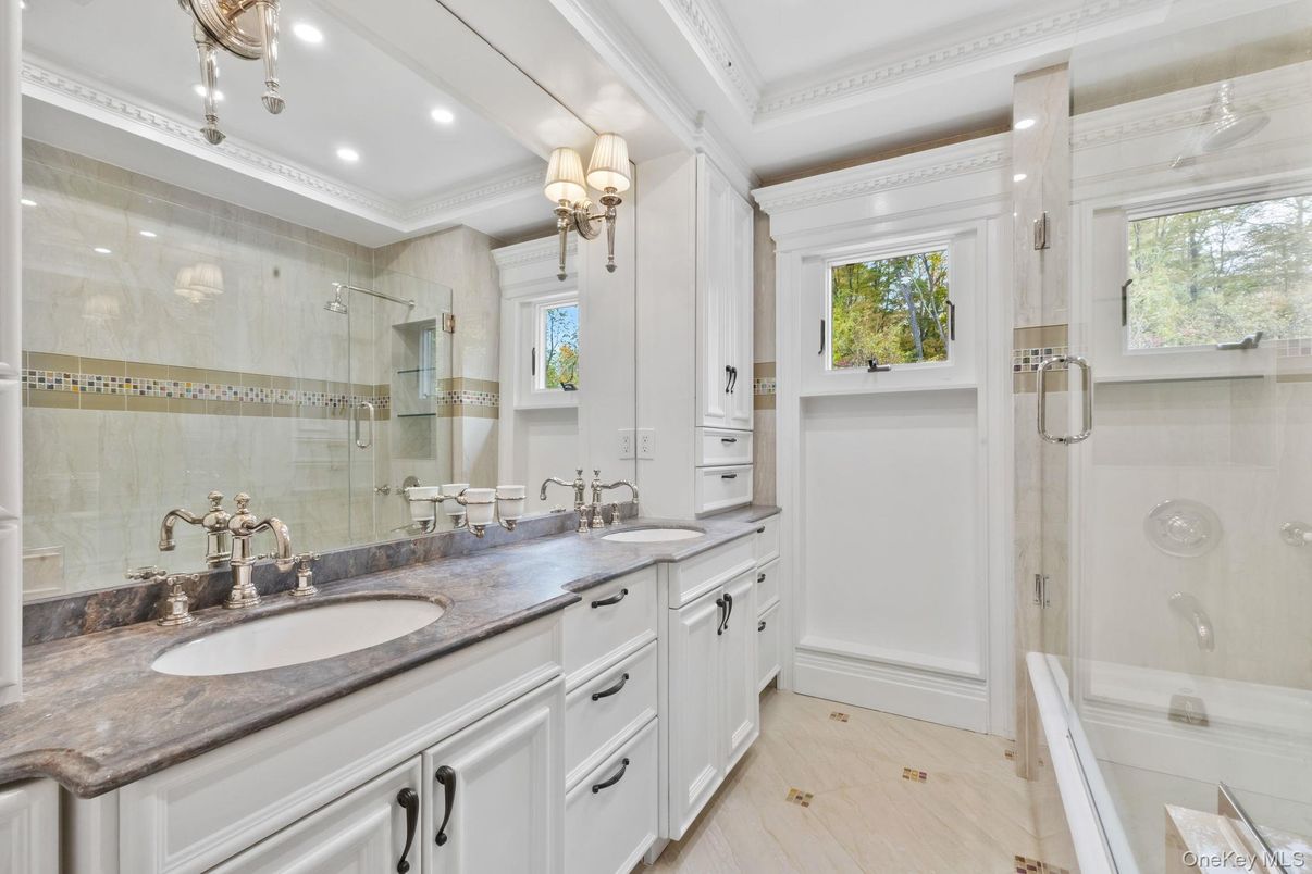 Bathroom, Dual Sink Vanities, Glass Shower, Interior, Recessed Lighting