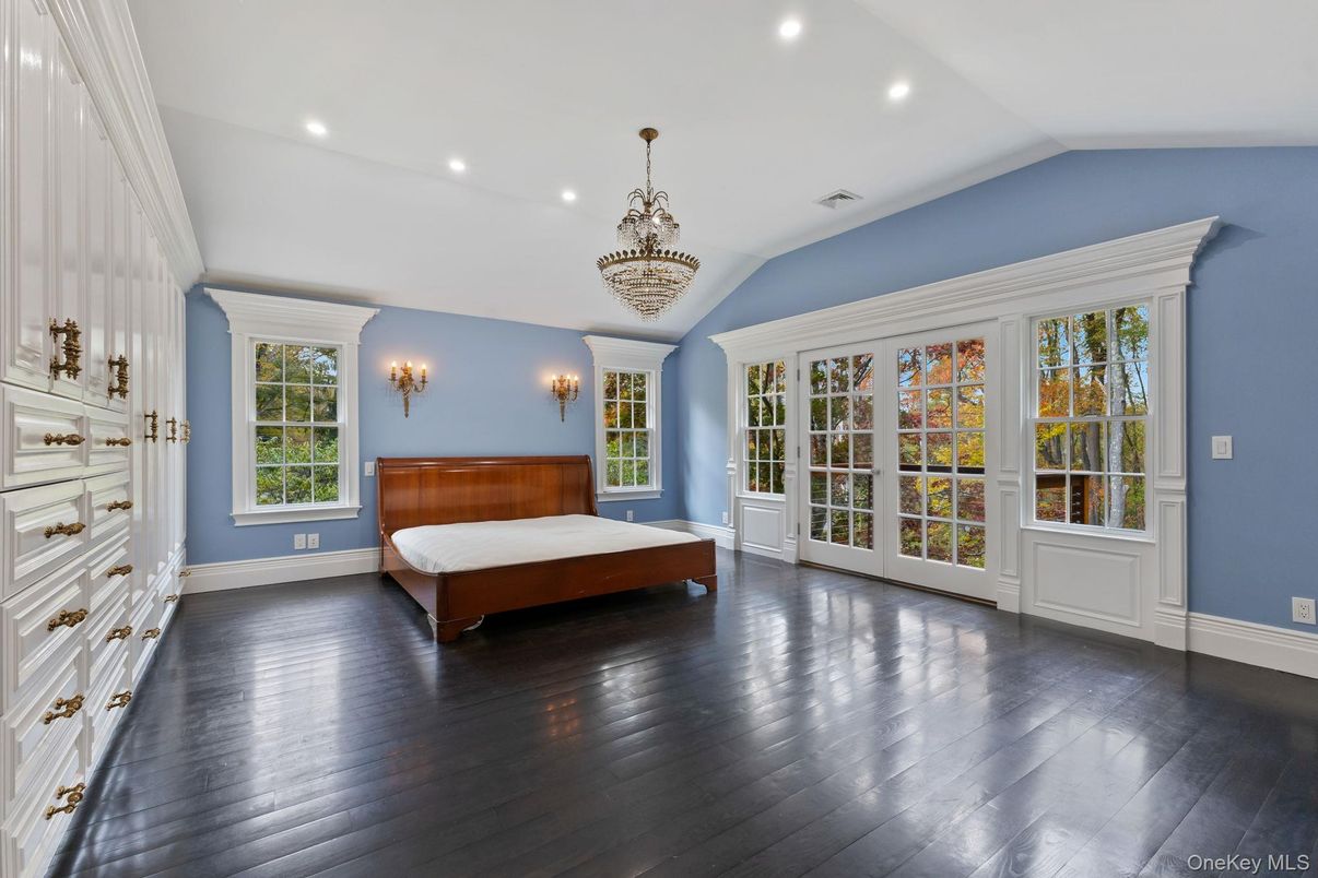 Bedroom, Chandelier, Interior, Recessed Lighting, Wood Texture Flooring