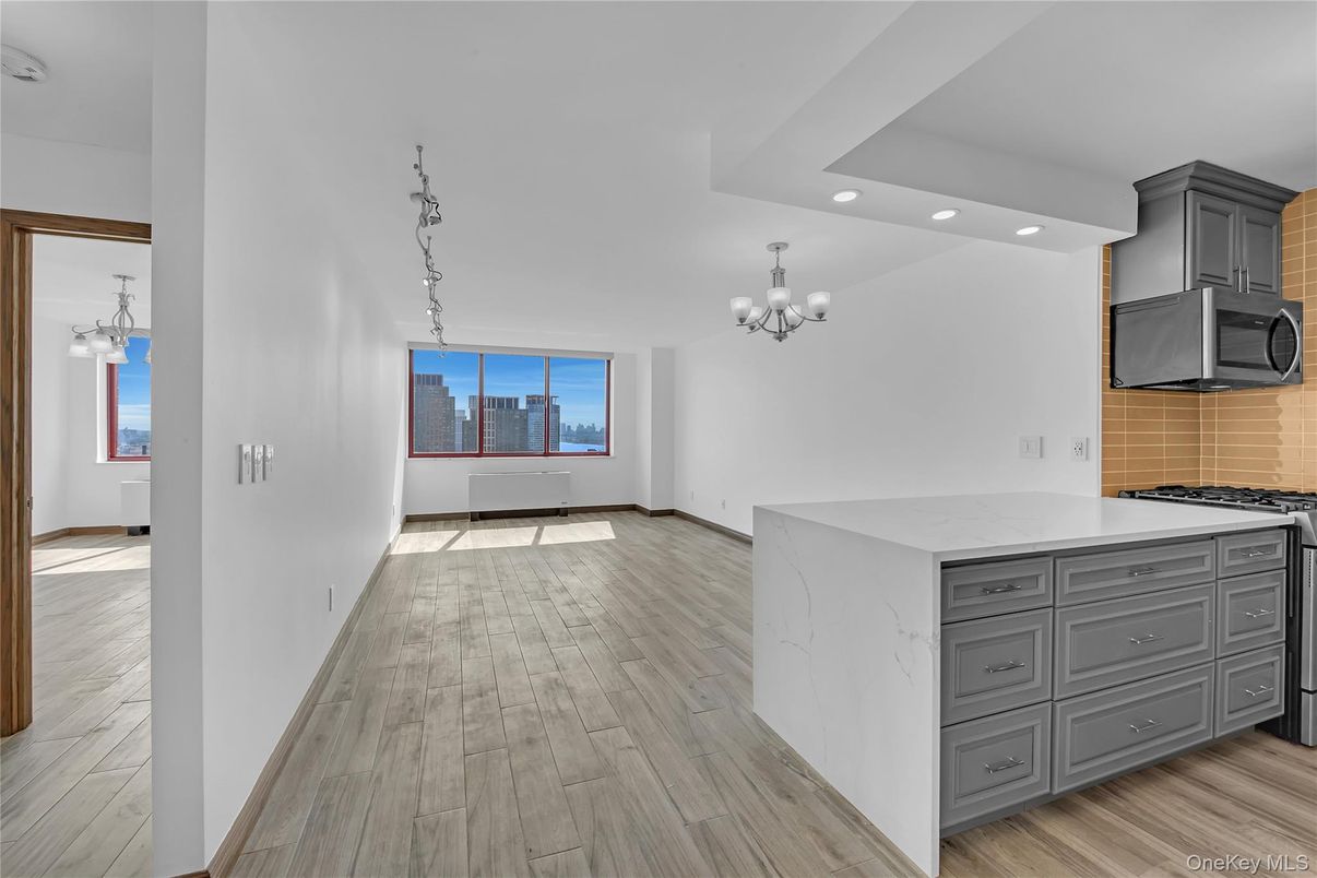 Chandelier, Interior, Kitchen, Recessed Lighting, Wood Texture Flooring