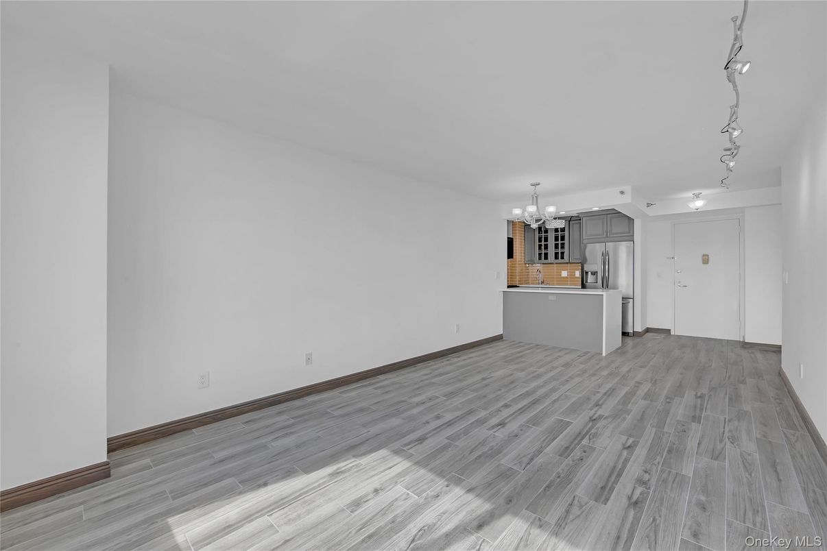 Chandelier, Empty room, Interior, Kitchen, Pendant Lights, Stainless Steel Appliances, Wood Texture Flooring