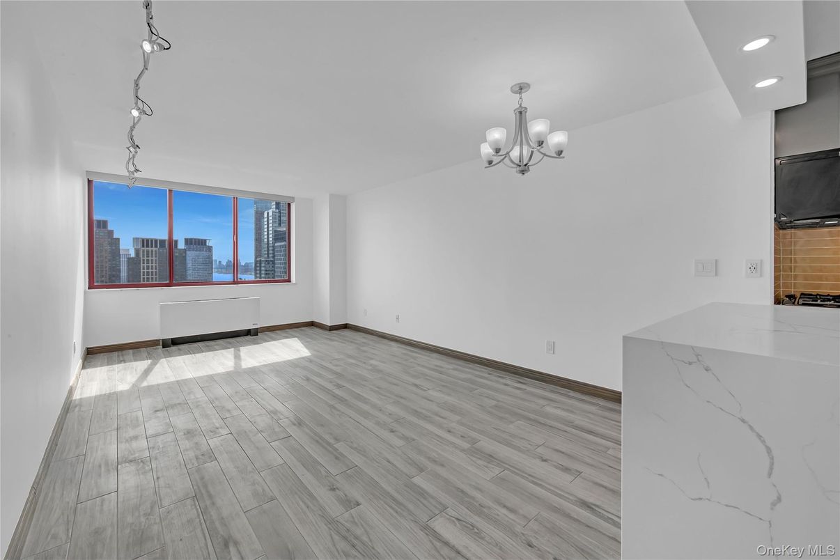 Chandelier, Empty room, Interior, Recessed Lighting, Wood Texture Flooring
